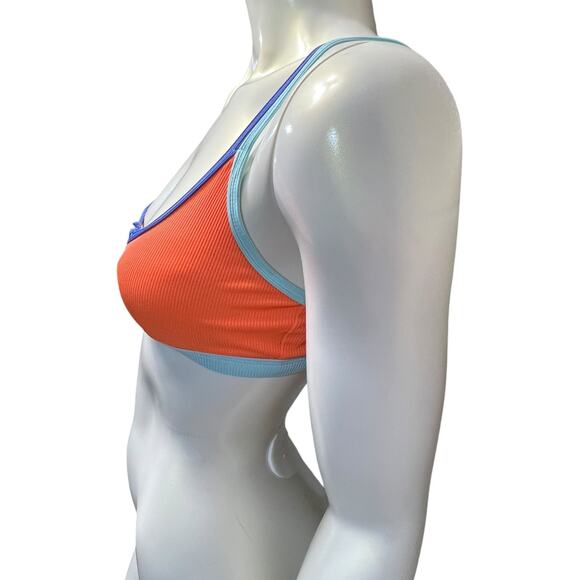Color Block Bikini Top Orange Blue Retro V-Cut Athletic Swim Medium Ribbed - Picture 2 of 16